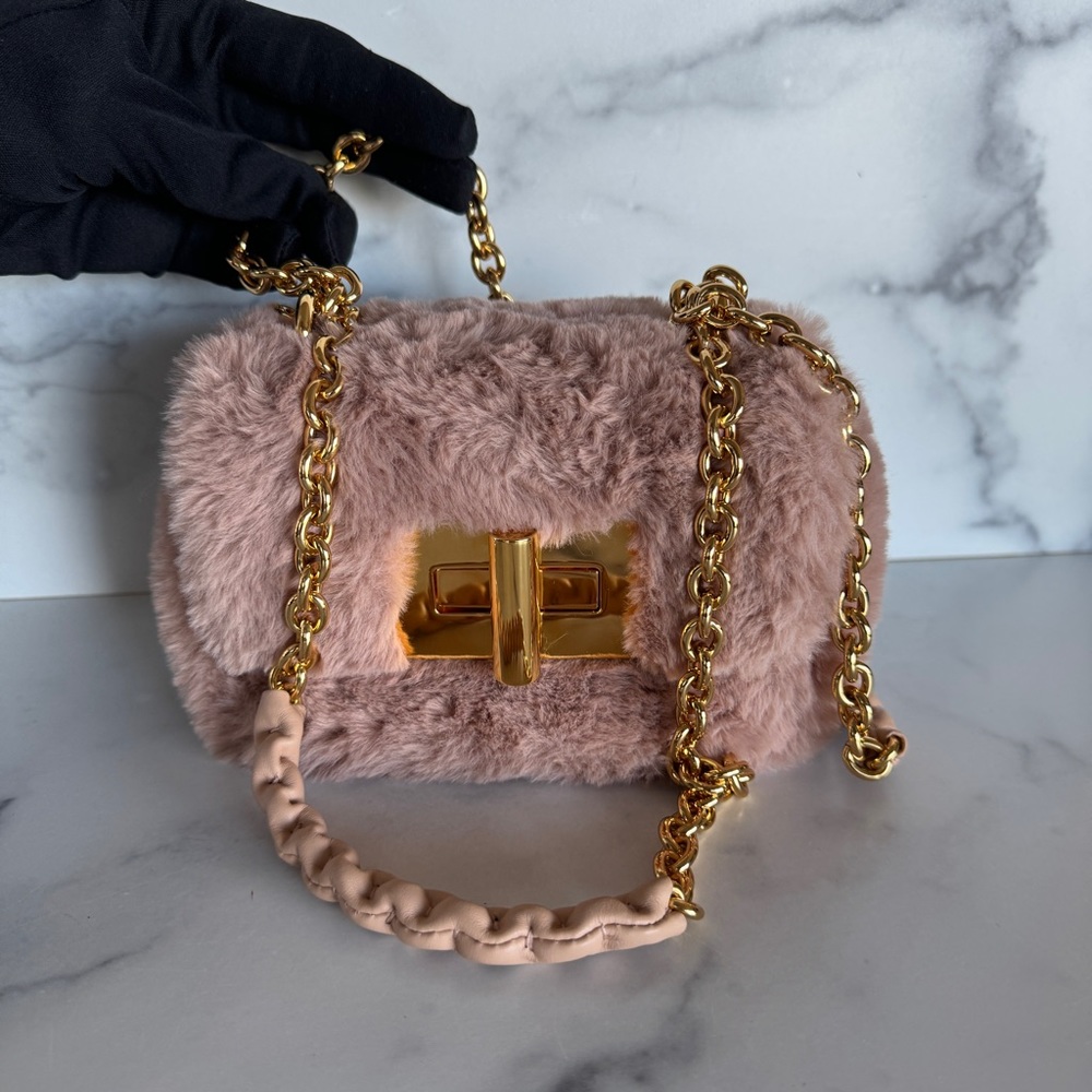 Tom Ford Natalia Pink & Gold Faux Fur Shoulder Bag